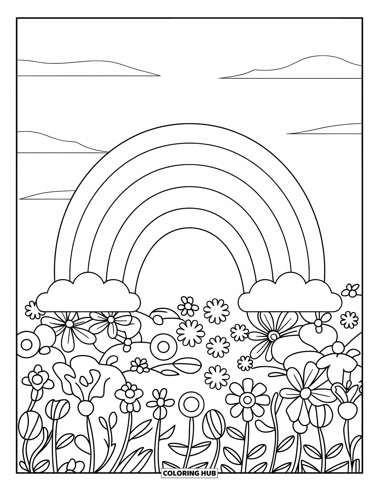 April Coloring Page for Kids: Rainbow arches above a blooming field of flowers