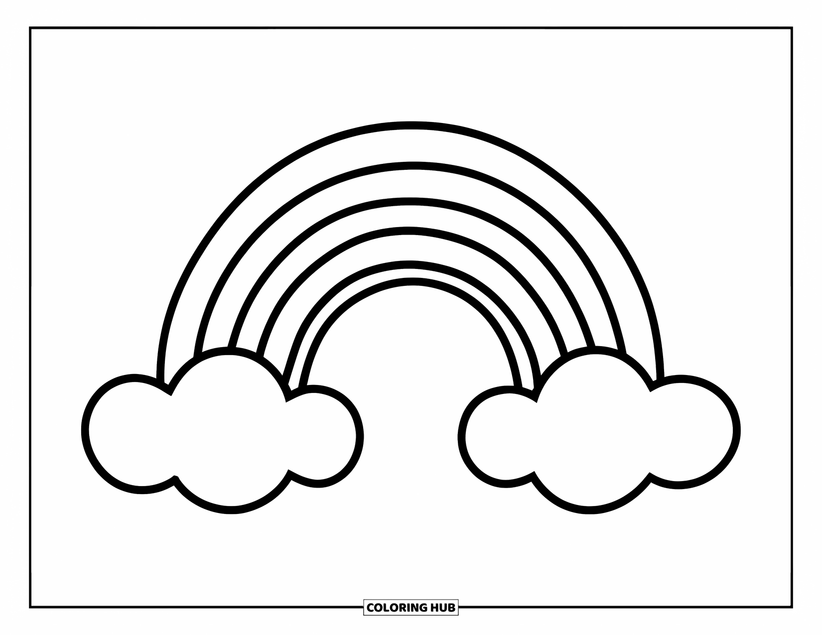April Coloring Page for Kids: Rainbow with three arches above two fluffy clouds