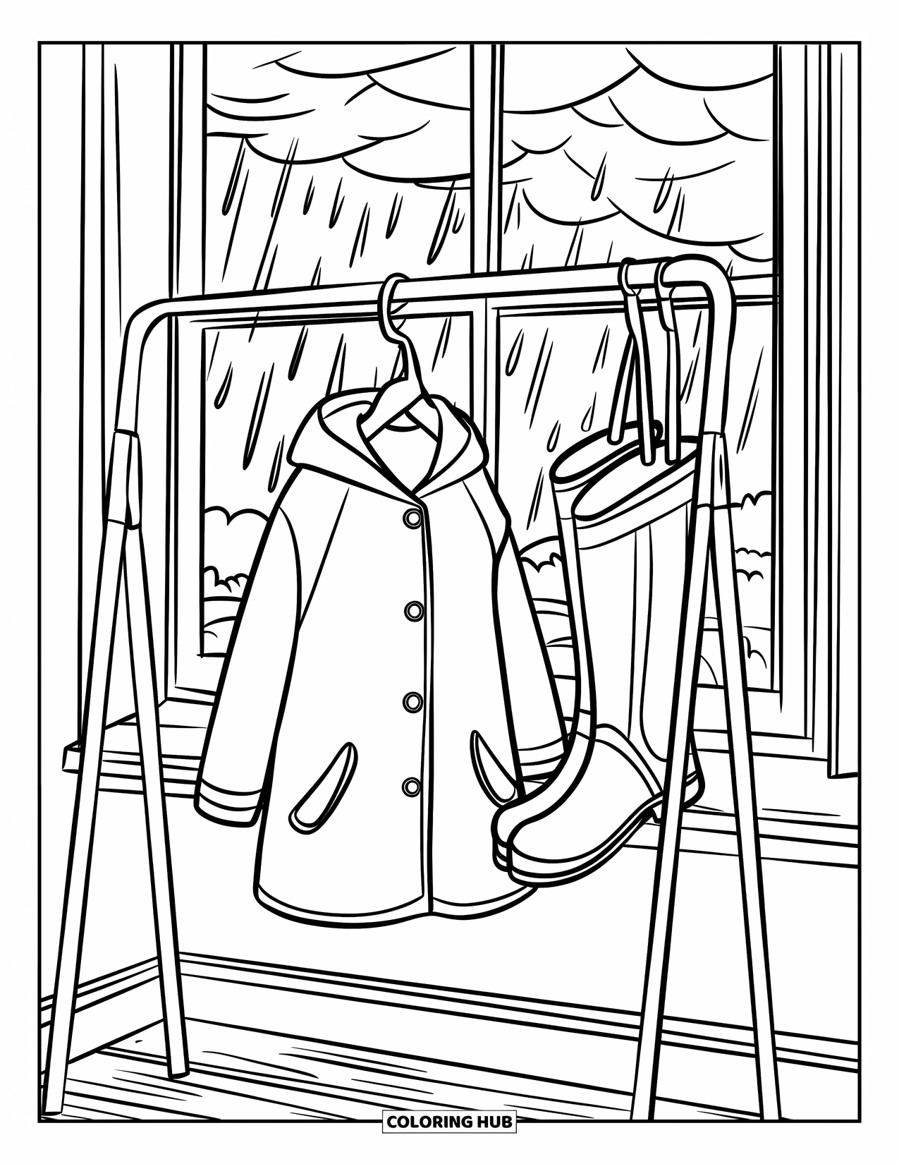 April Coloring Page for Kids: Raincoat and boots on a rack with stormy window view