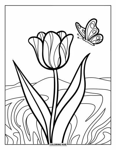 Dubnová omalovánka pro děti: Jeden tulipán s motýlkem v hravém stylu