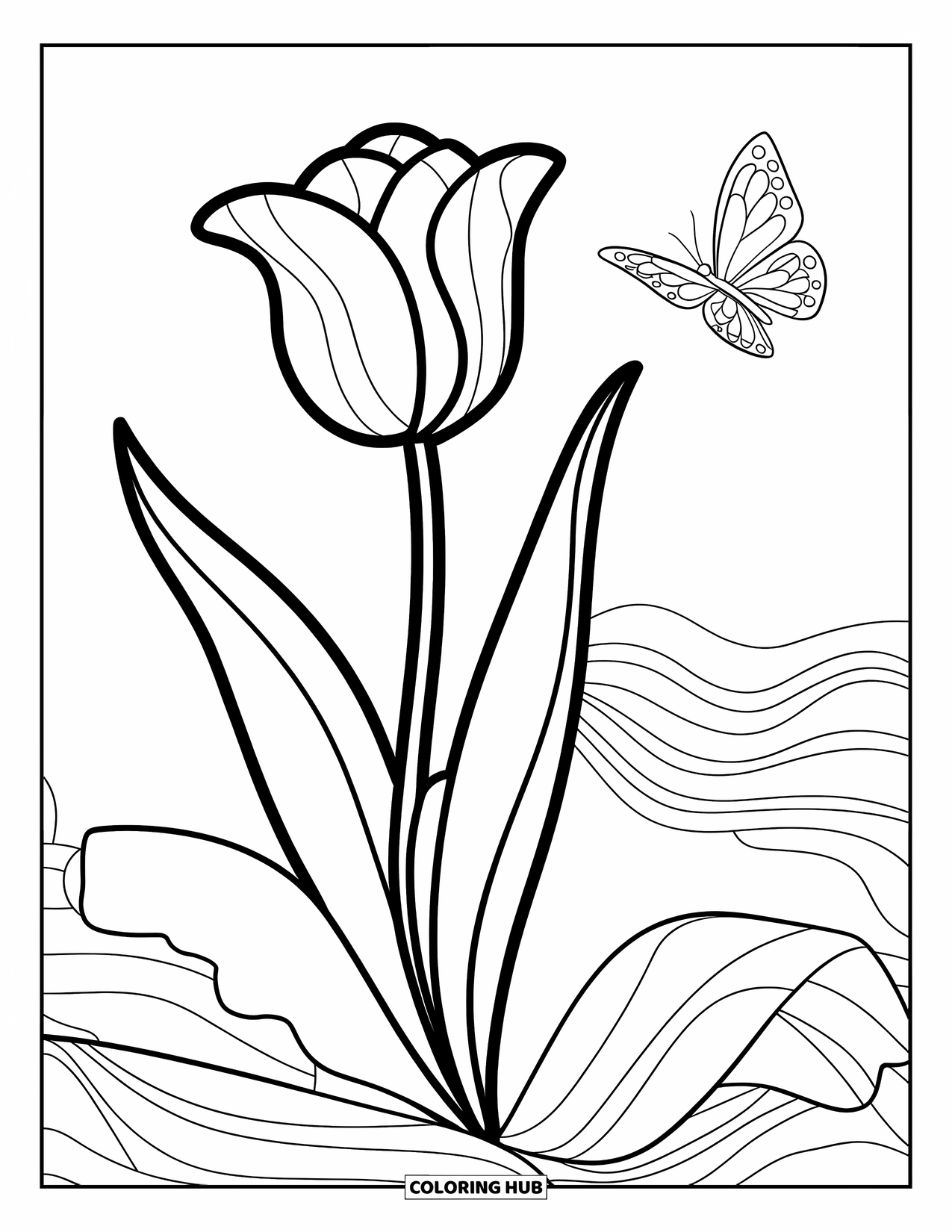 April Coloring Page for Kids: Single tulip with two leaves and a flying butterfly