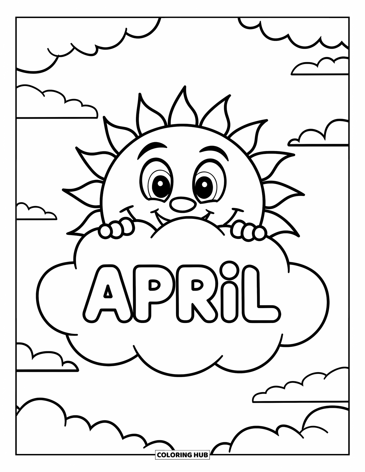 April Coloring Page for Kids: Sun with big smile peeking behind a cloud labeled "April"