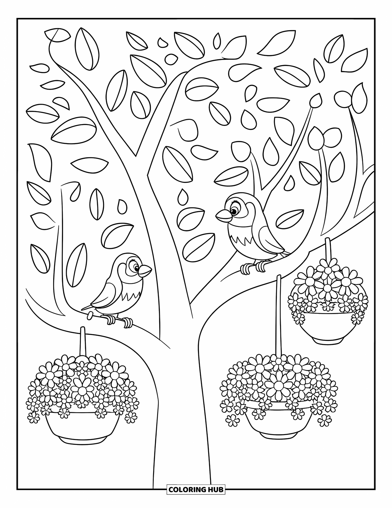 April Coloring Page for Kids: Tree with full leaves, two birds, and hanging flower baskets