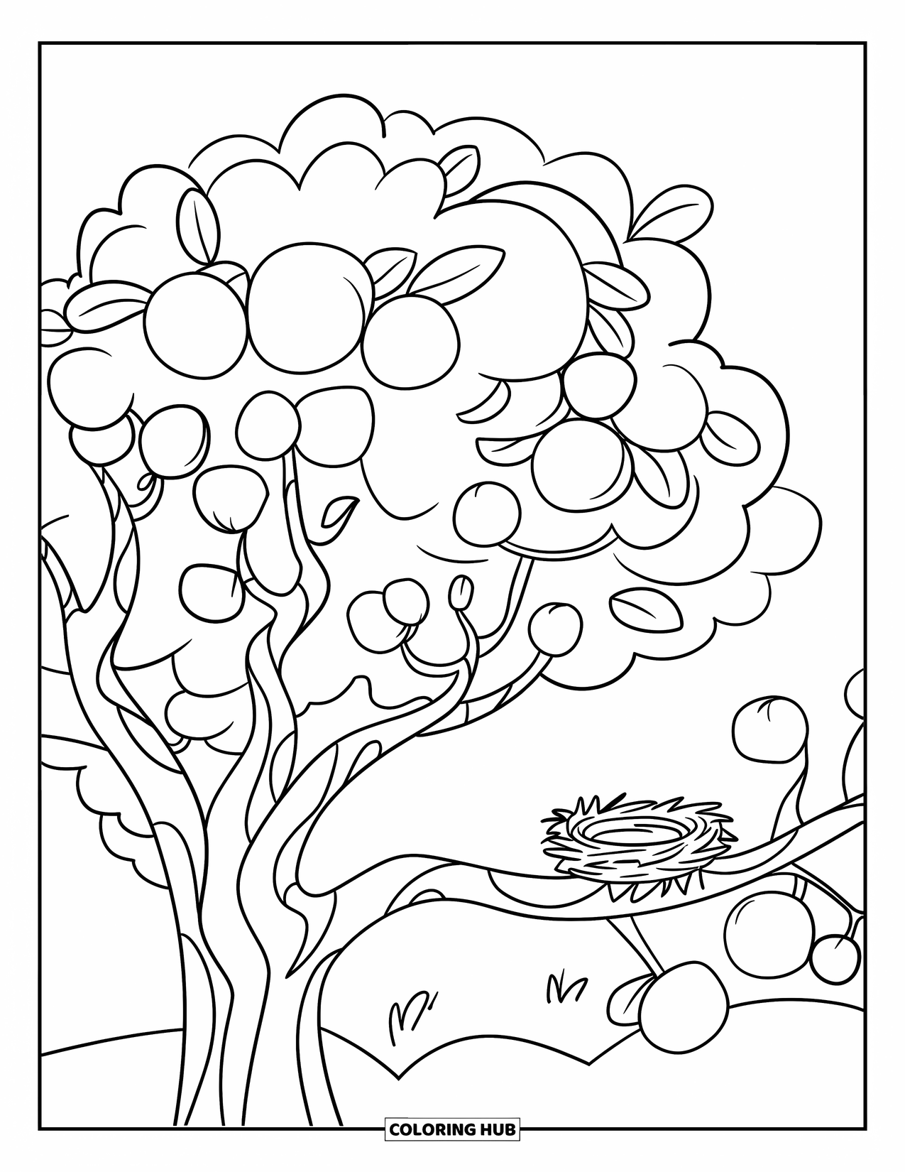 April Coloring Page for Kids: Tree with round leaves and a nest on one branch
