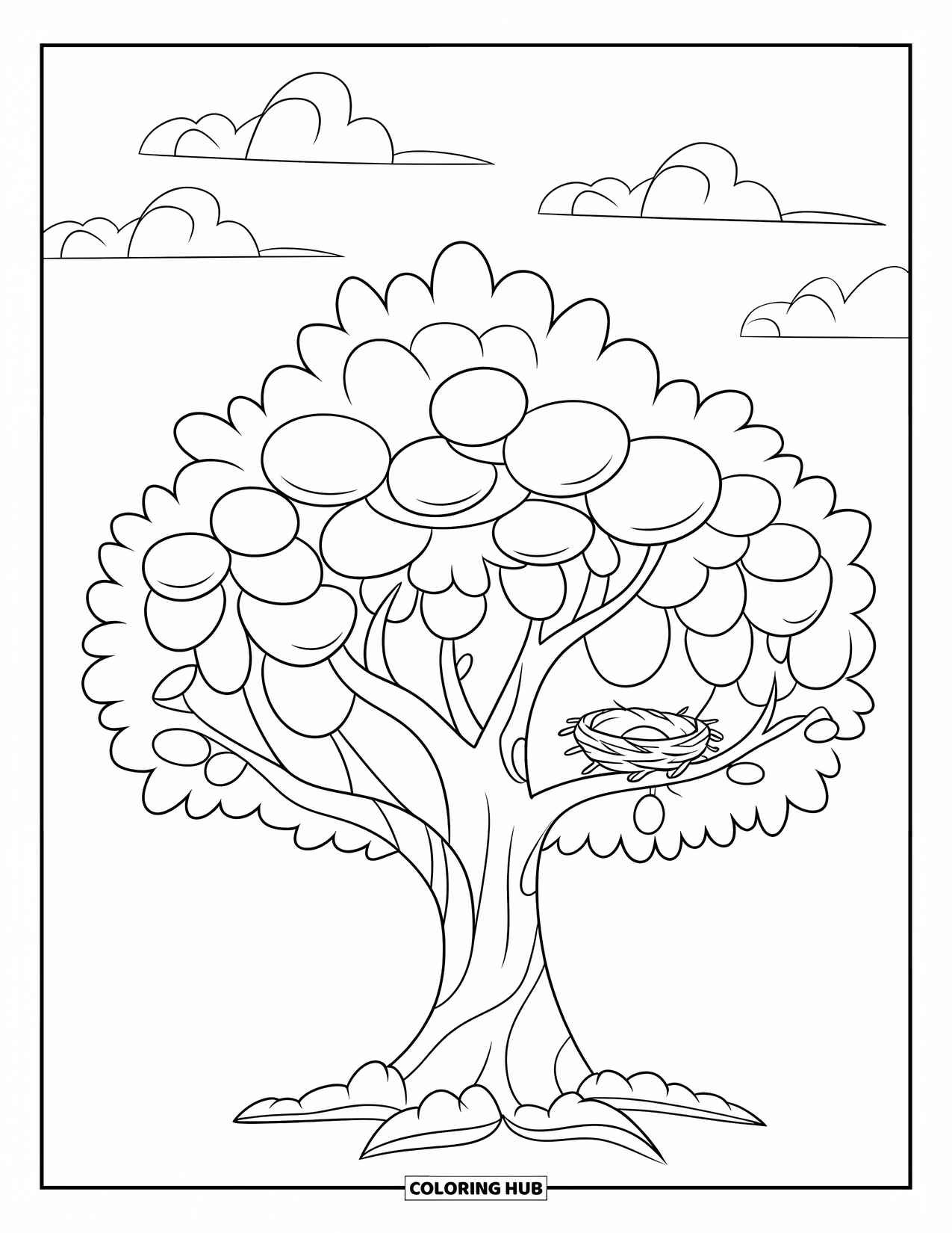 April Coloring Page for Kids: Tree with round leaves and a tiny bird nest