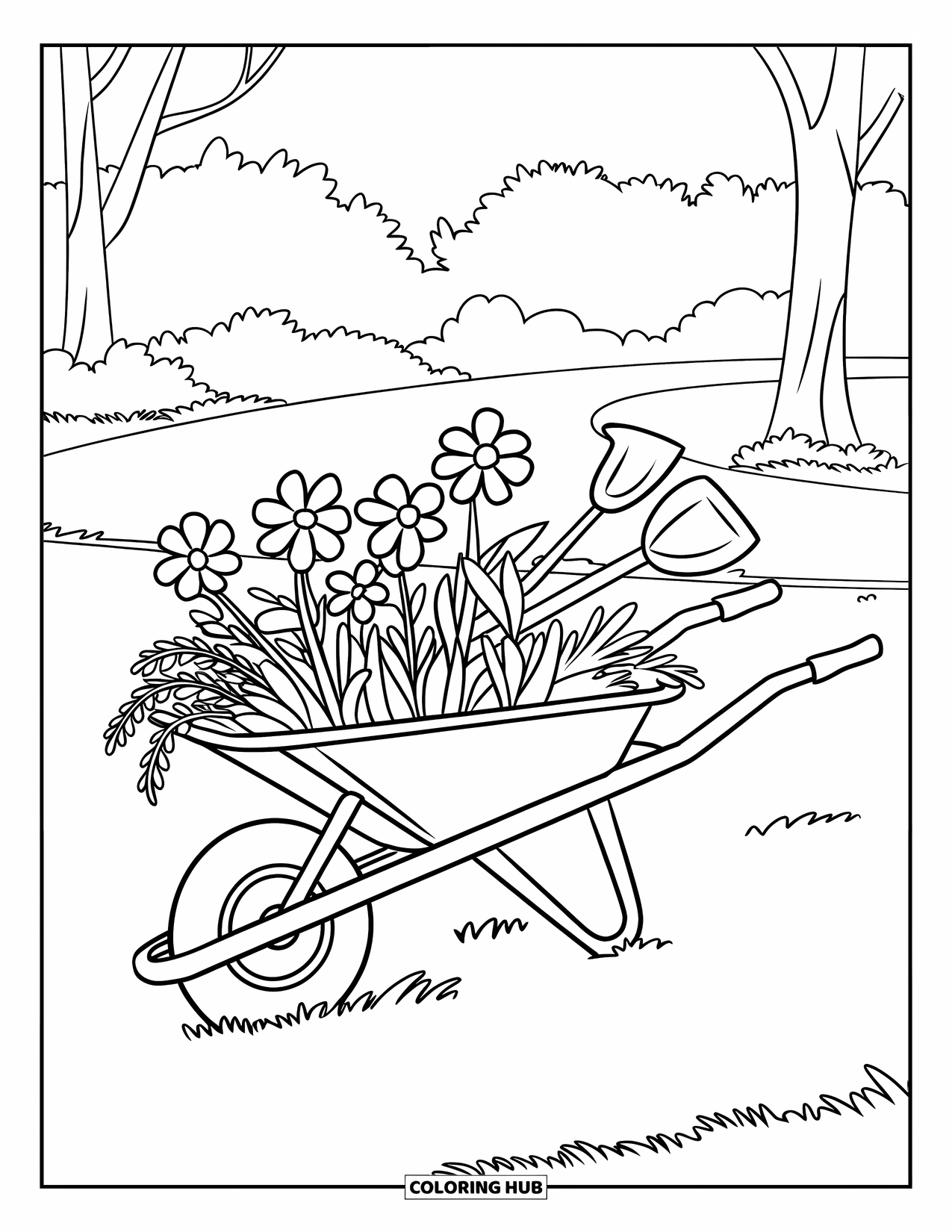 April Coloring Page for Kids: Wheelbarrow with flowers and tools on a grassy field