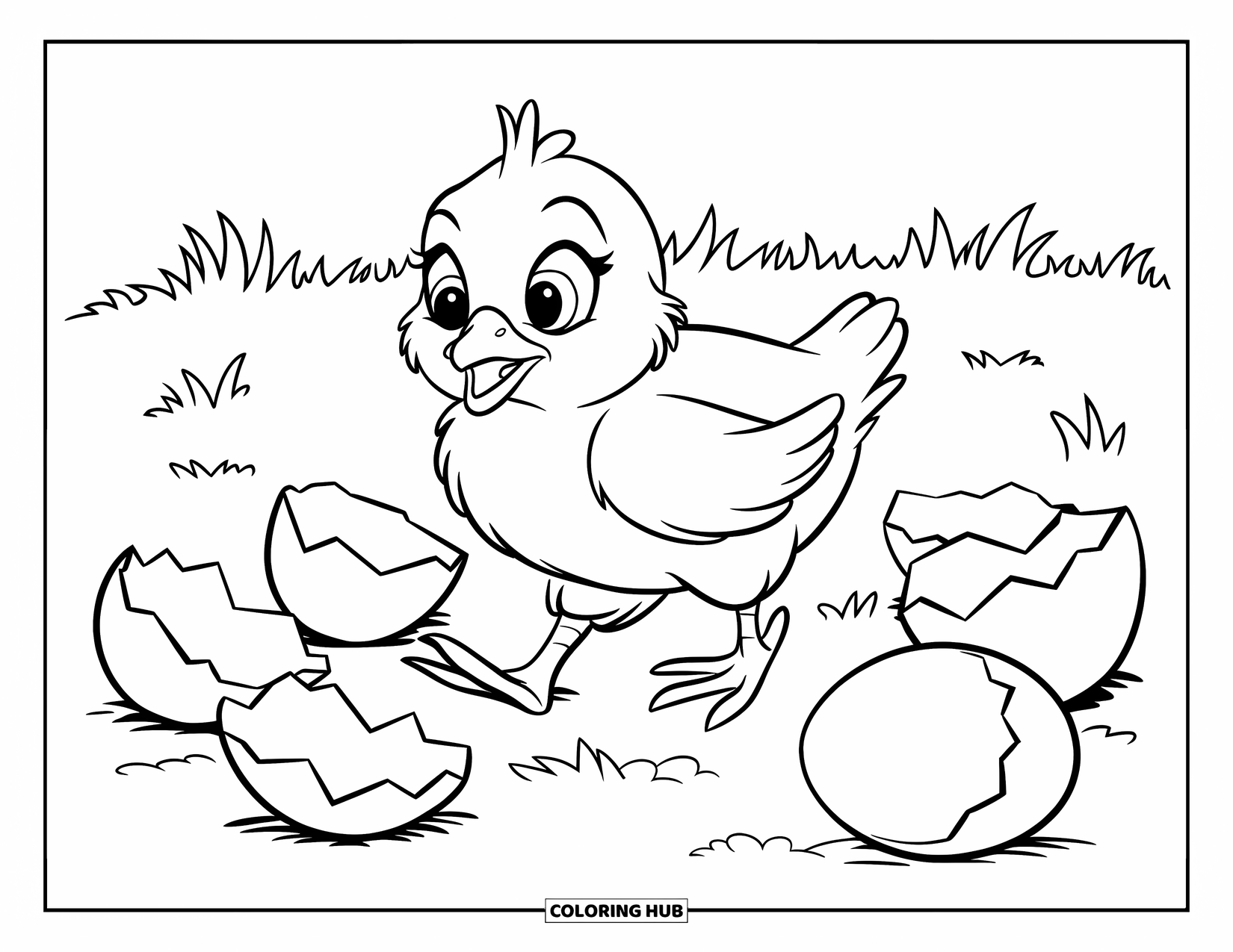 April Coloring Page for Kids: Wide-eyed chick walking through grass and broken eggshells