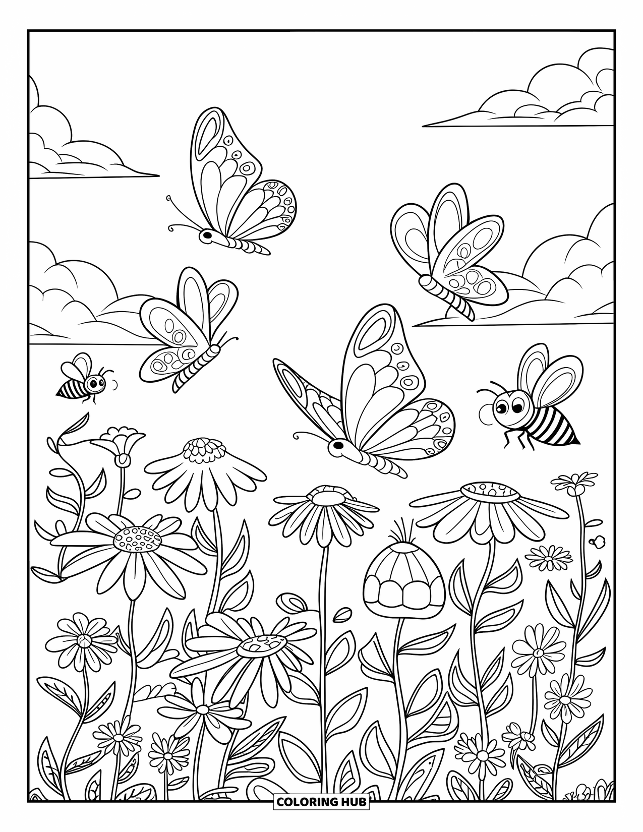 April Coloring Page for Kids: Wildflowers with bees and butterflies under a bright sky