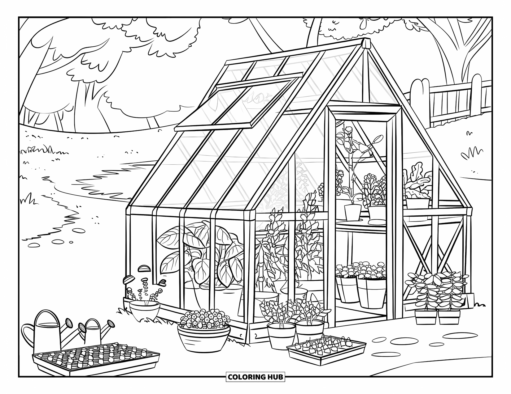 April Coloring Page for Kids: Wooden greenhouse with seedlings, plants, and gardening tools