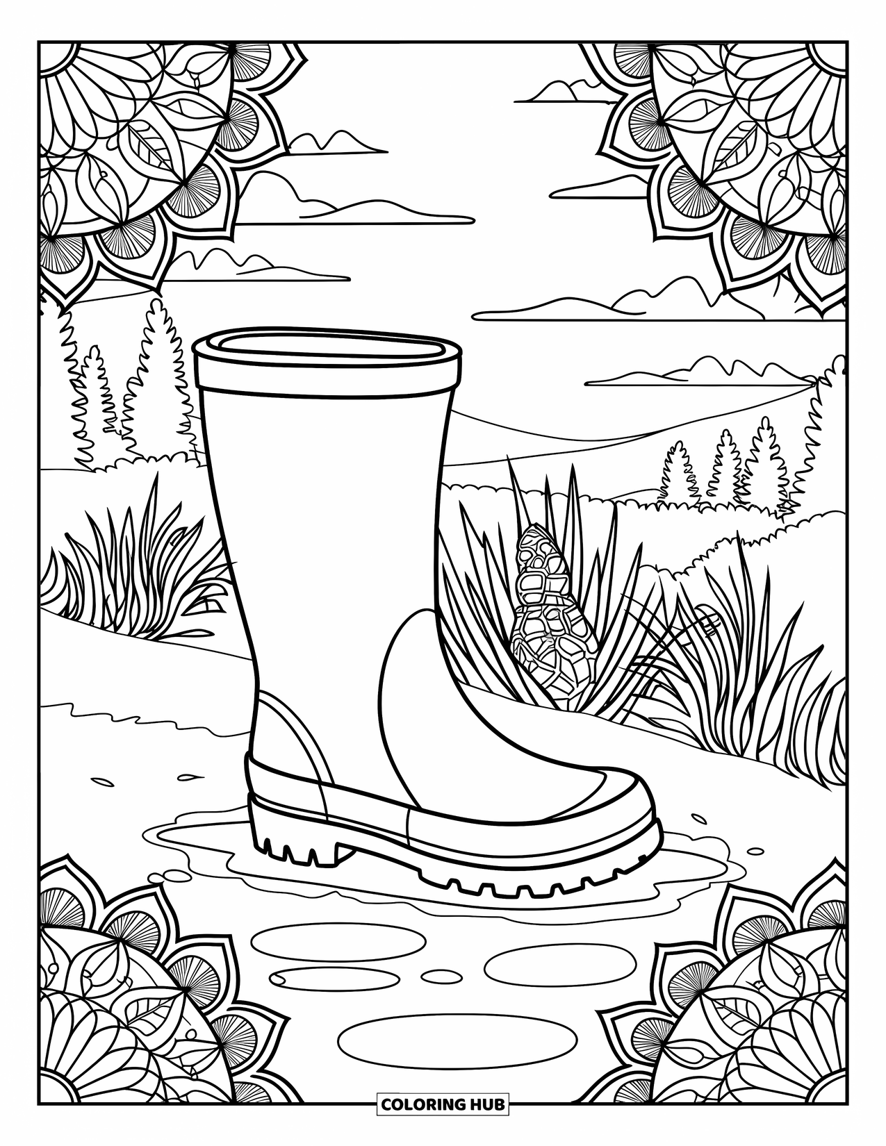 April Showers Coloring Page for Adults: Boot in puddles with mandalas and mountain view