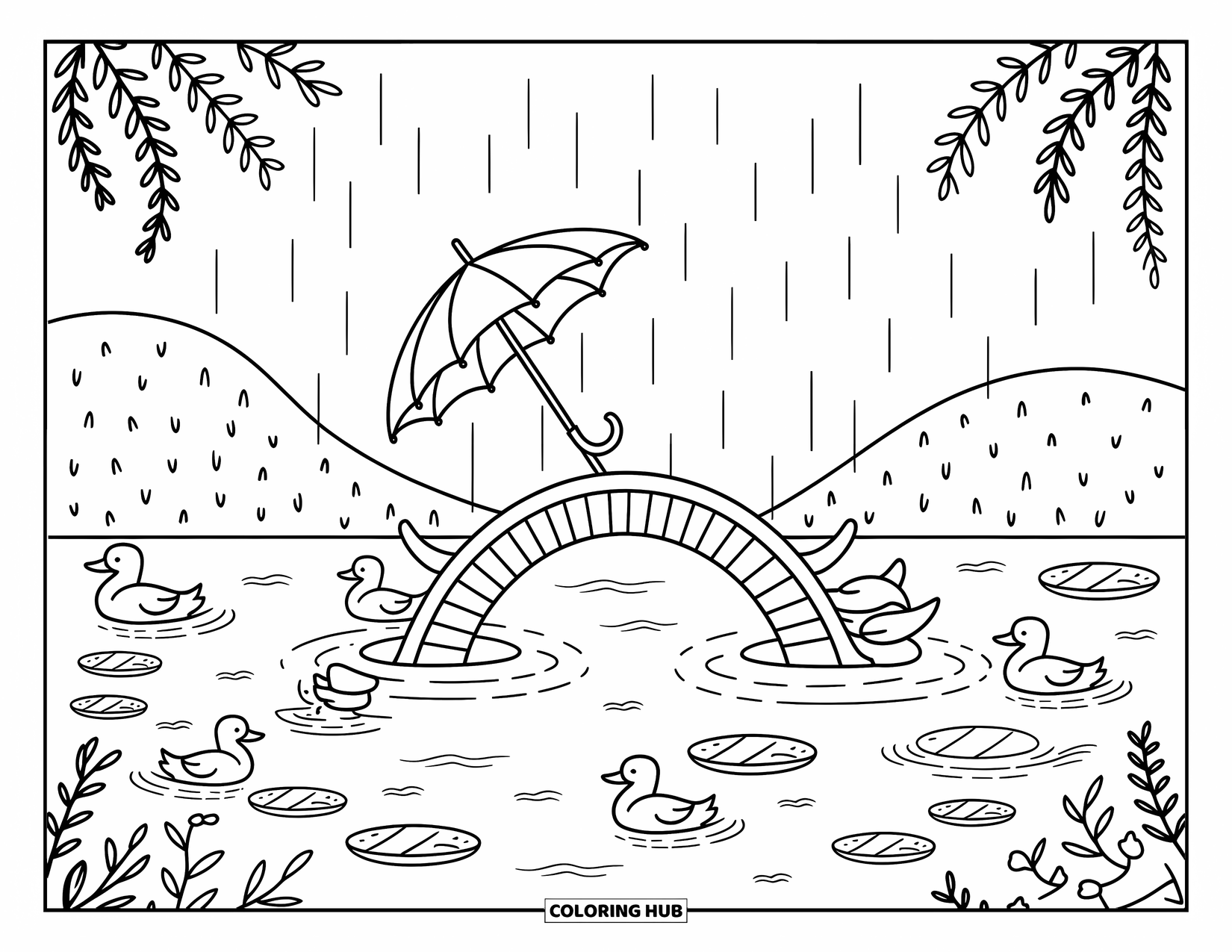 April Showers Coloring Page for Adults: Bridge over pond with ducks, umbrella, and gentle rainfall