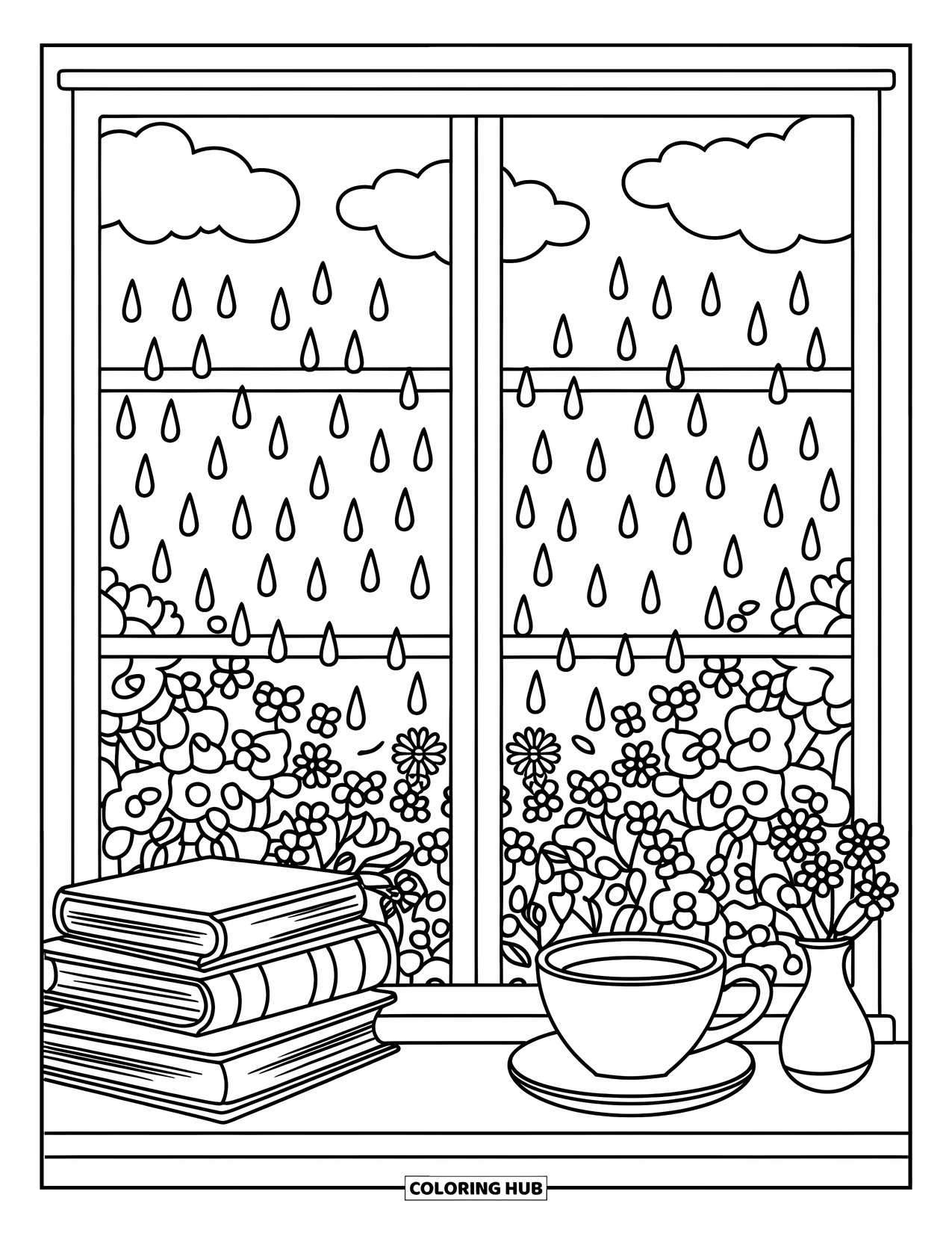 April Showers Coloring Page for Adults: Cozy window with books, tea, flowers, and rainy garden