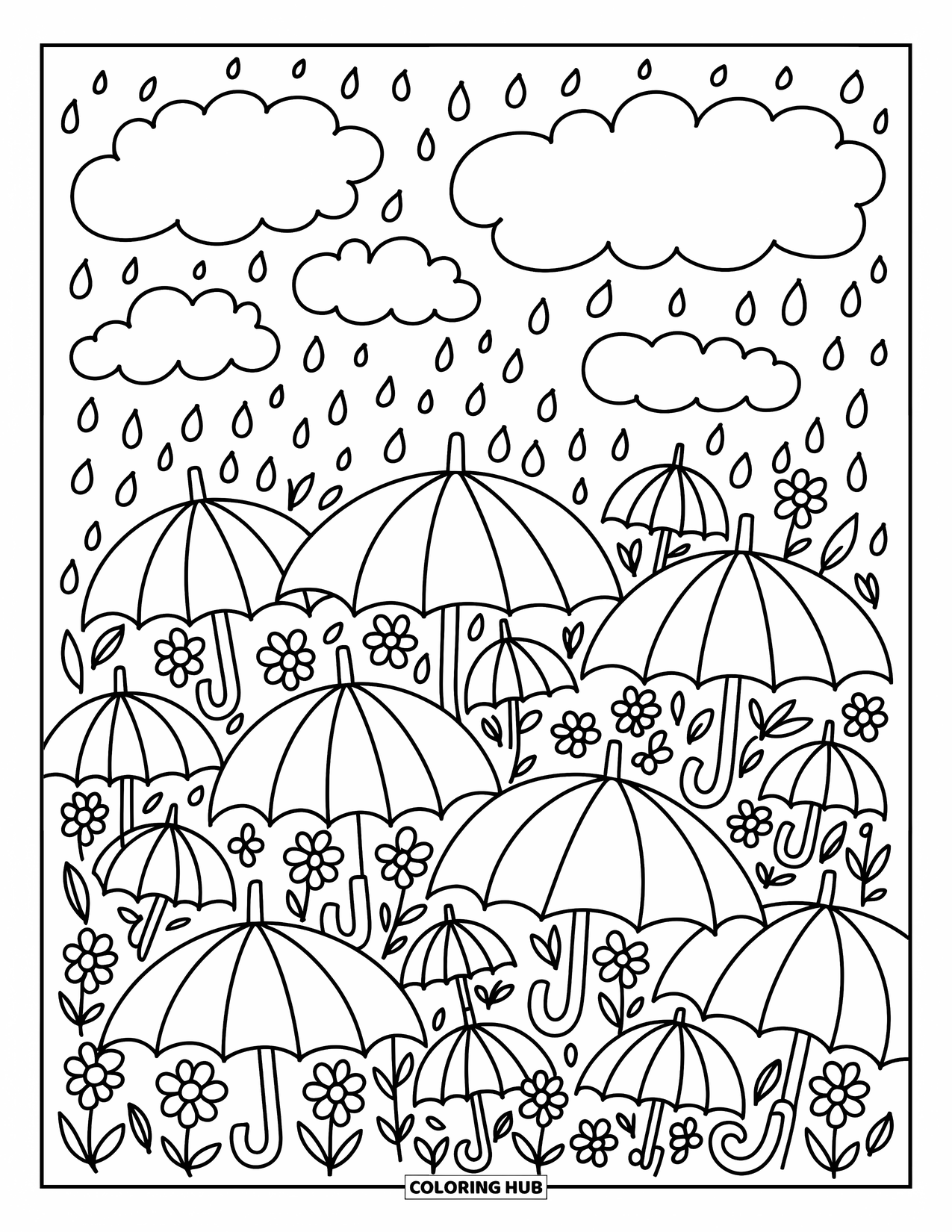 April Showers Coloring Page for Adults: Field filled with umbrellas, raindrops, flowers, and drifting clouds
