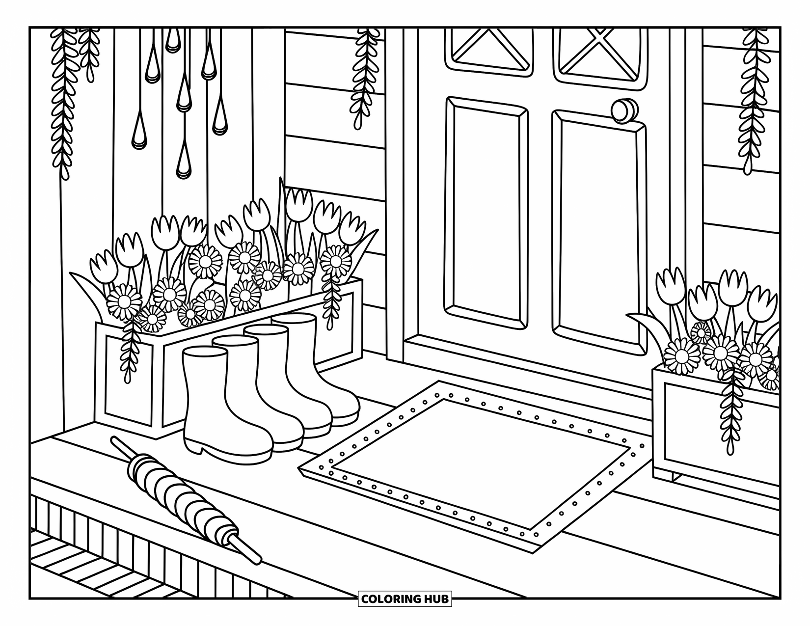 April Showers Coloring Page for Adults: Porch with boots, umbrella, flowers, and a raindrop wind chime