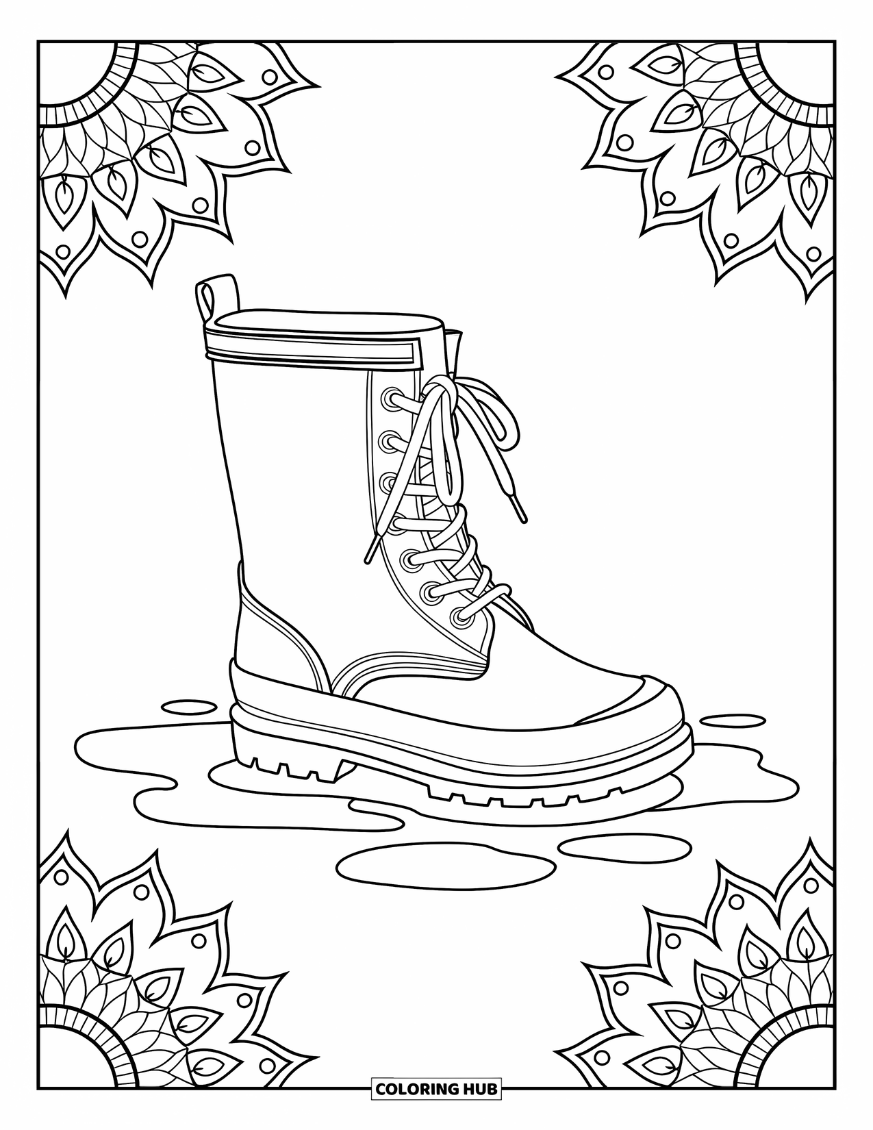 April Showers Coloring Page for Adults: Rain boot with puddles and intricate mandala border