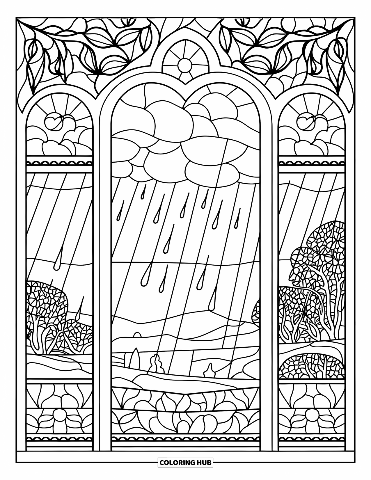 April Showers Coloring Page for Adults: Rainy window with stained glass and distant trees