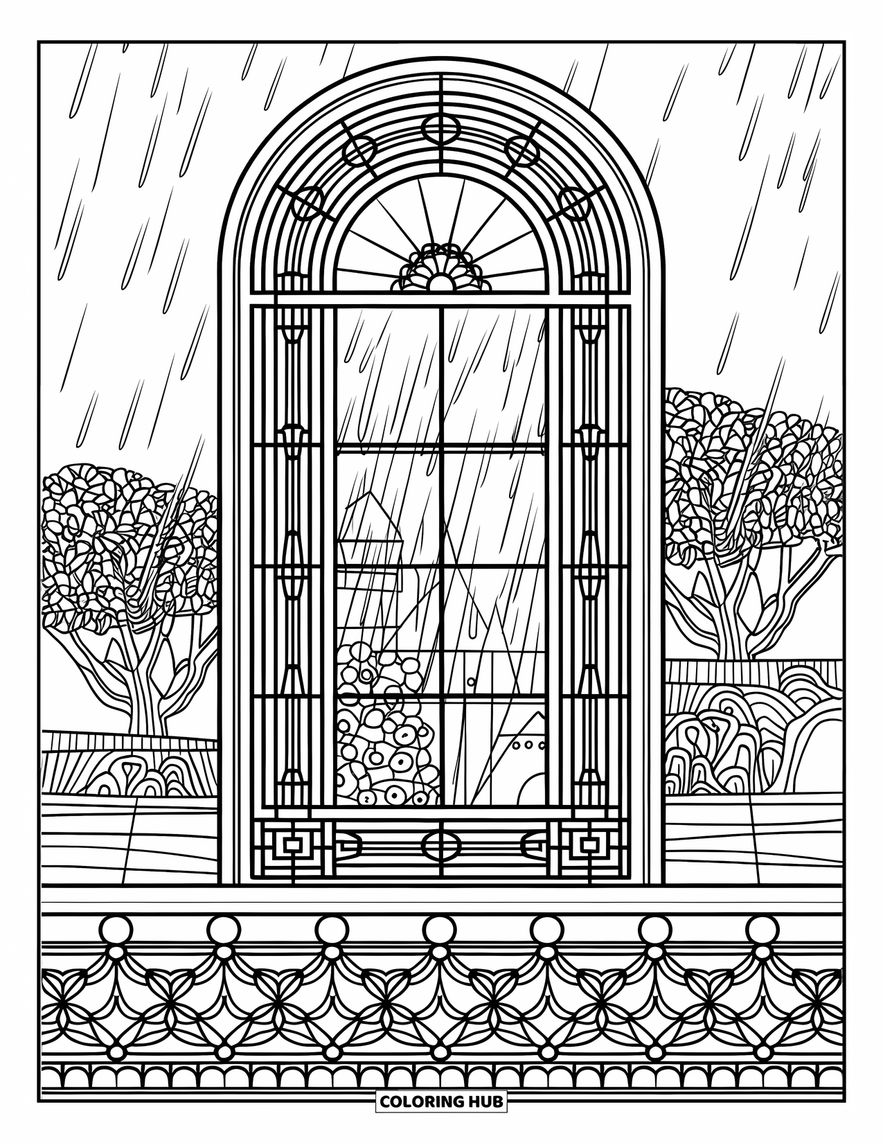 April Showers Coloring Page for Adults: Rainy window with stained glass details and tree view