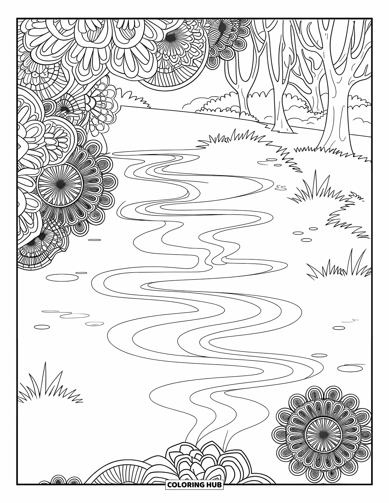 April Showers Coloring Page for Adults: Rippling puddles bordered by floral mandalas and path