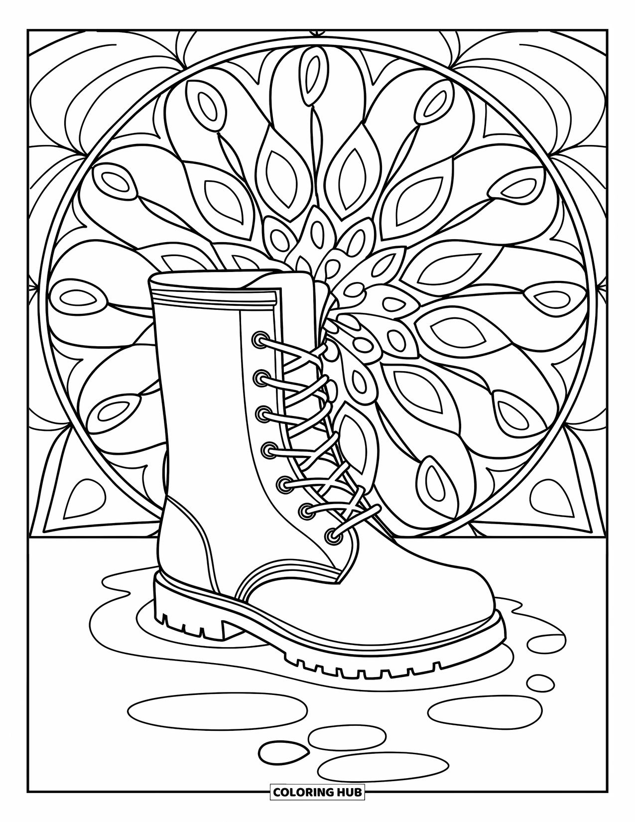 April Showers Coloring Page for Adults: Single rain boot in puddles surrounded by floral mandalas