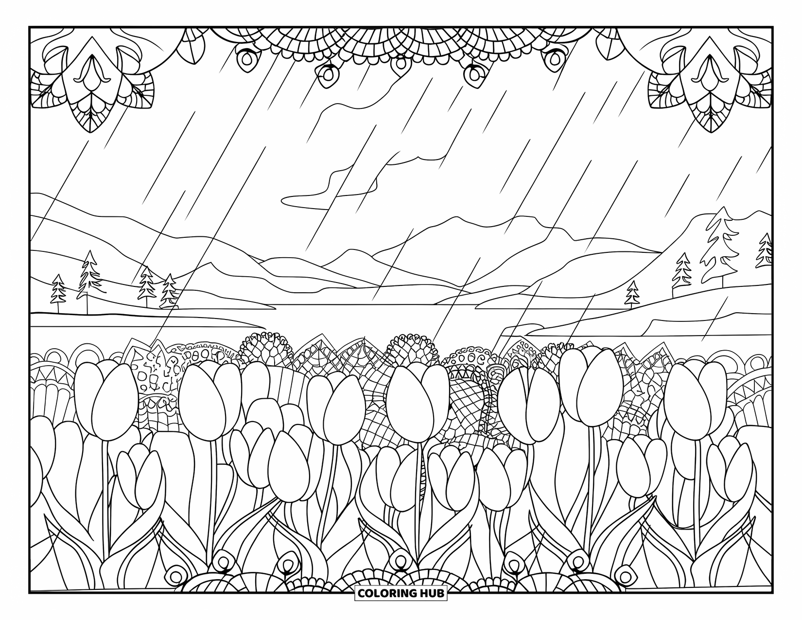 April Showers Coloring Page for Adults: Tulip field in rain framed by floral mandala designs