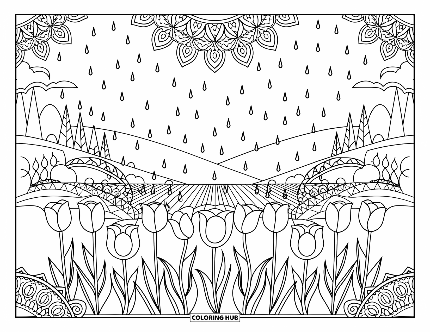 April Showers Coloring Page for Adults: Tulip field with April rain and decorative mandala border