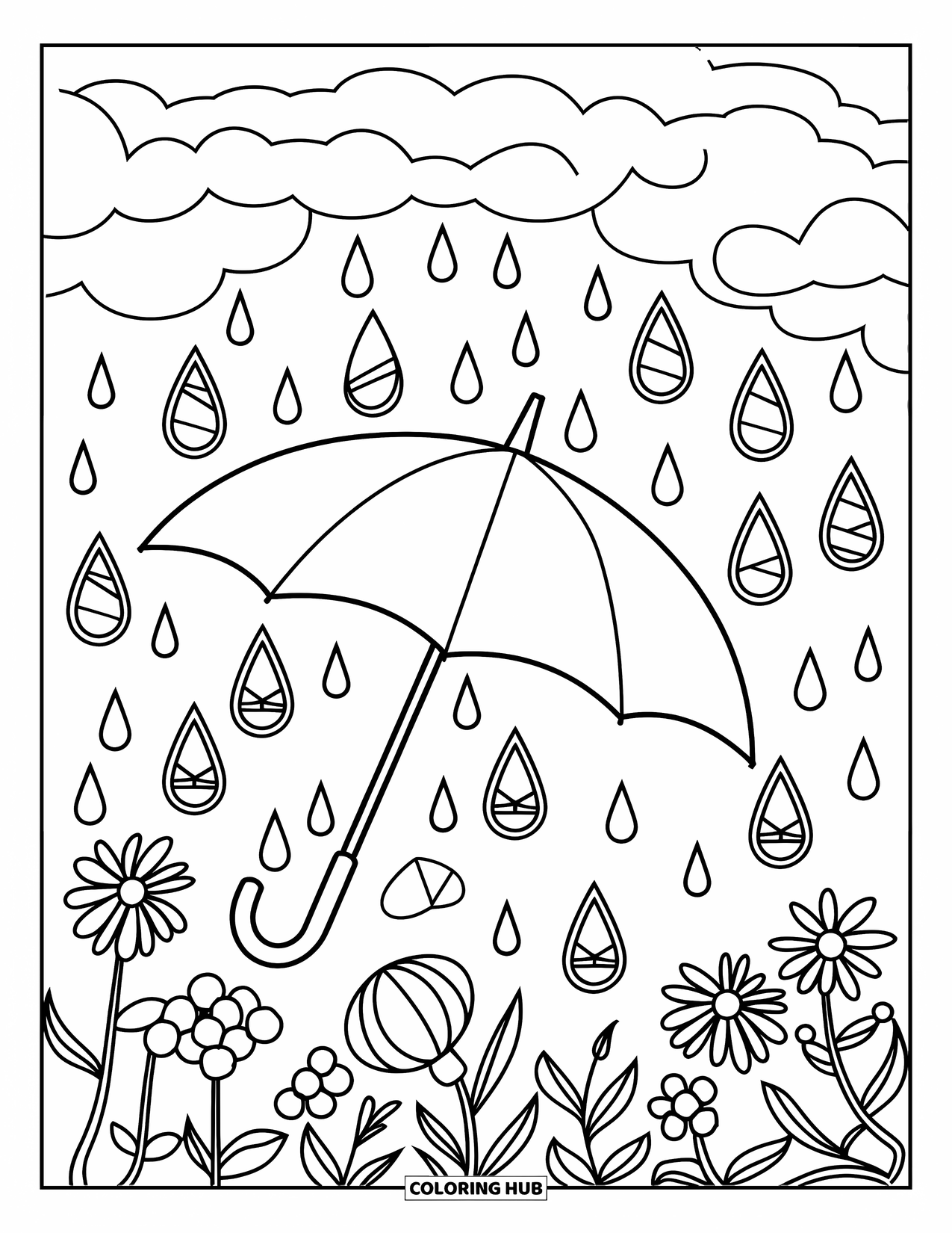 April Showers Coloring Page for Adults: Umbrella catching April showers with stained glass raindrops