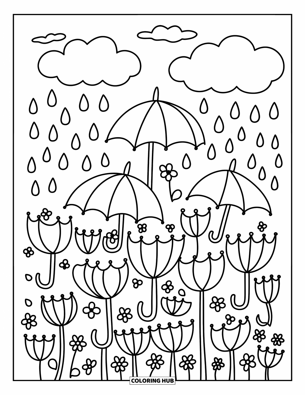 April Showers Coloring Page for Adults: Umbrella field with flowers and puffy clouds above