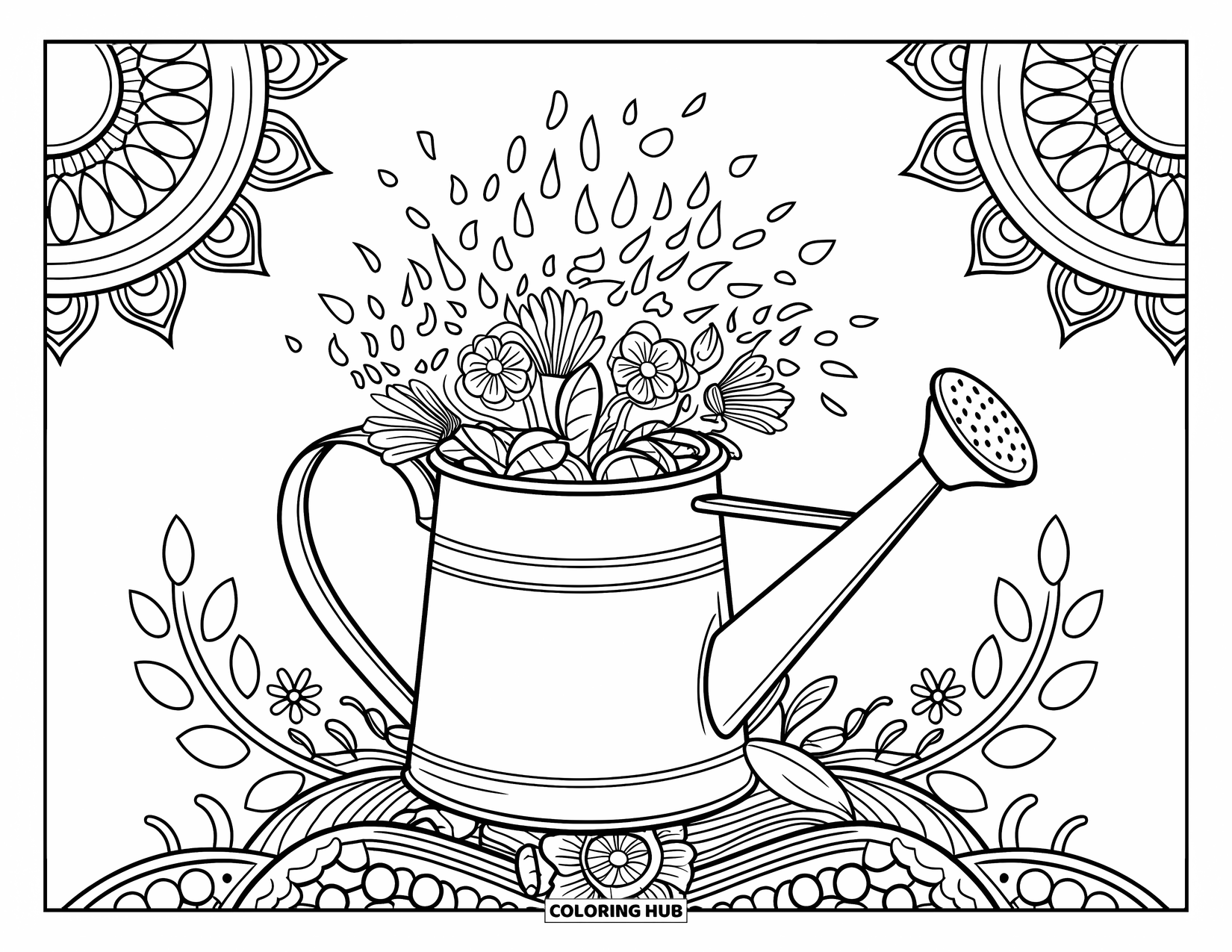 April Showers Coloring Page for Adults: Watering can encircled by detailed mandalas and leafy designs