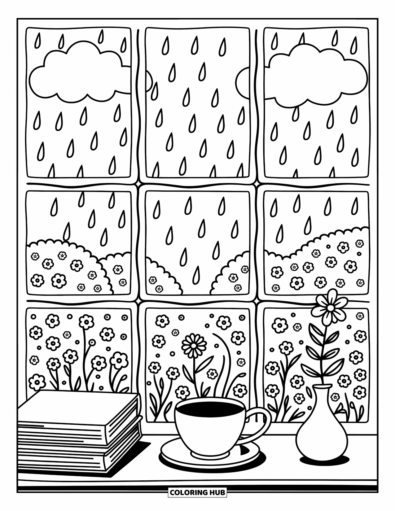 April Showers Coloring Page for Adults: Window scene with rain, stacked books, tea, and flowers