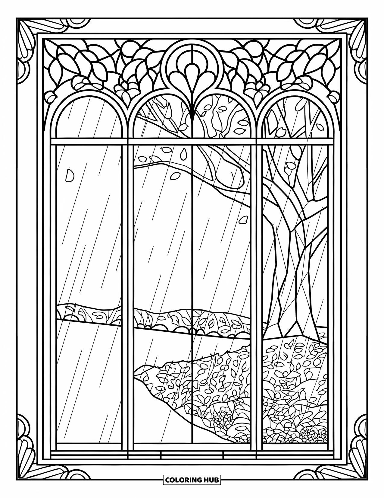 April Showers Coloring Page for Adults: Window scene with stained glass, branches, and fallen leaves