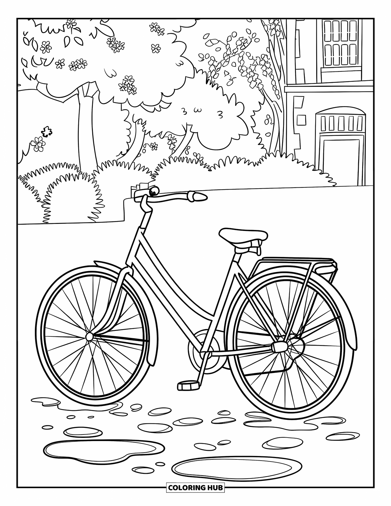 April Showers Coloring Page for Kids: Bicycle by cobblestone path in April showers