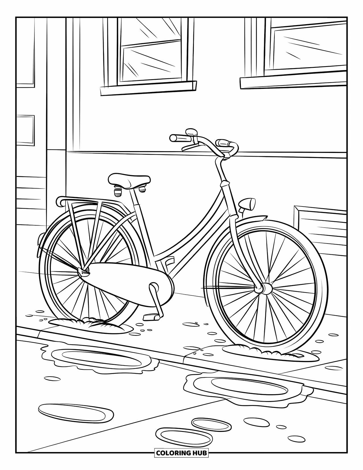 April Showers Coloring Page for Kids: Bicycle parked with puddles forming in April showers