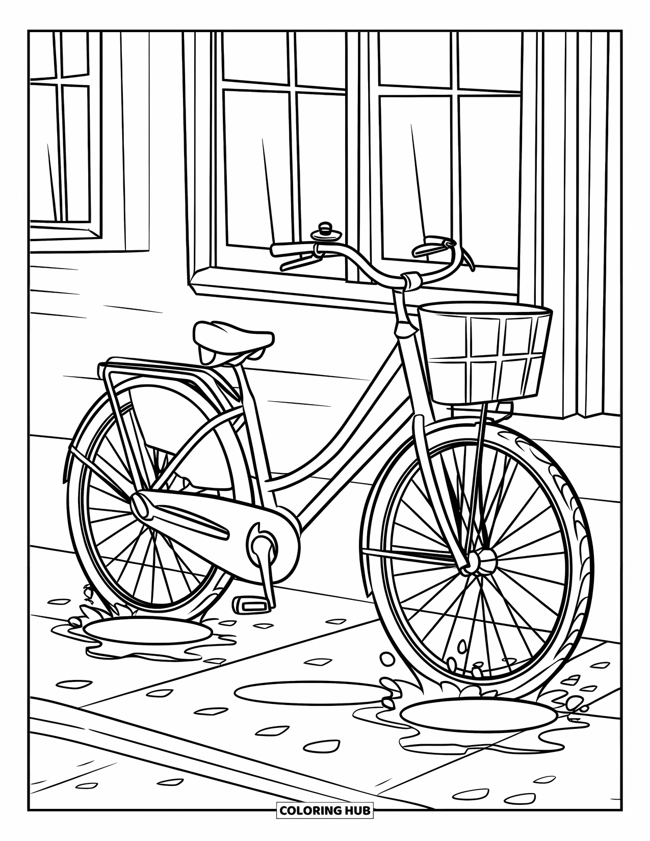 April Showers Coloring Page for Kids: Bike with basket parked in rainy April showers