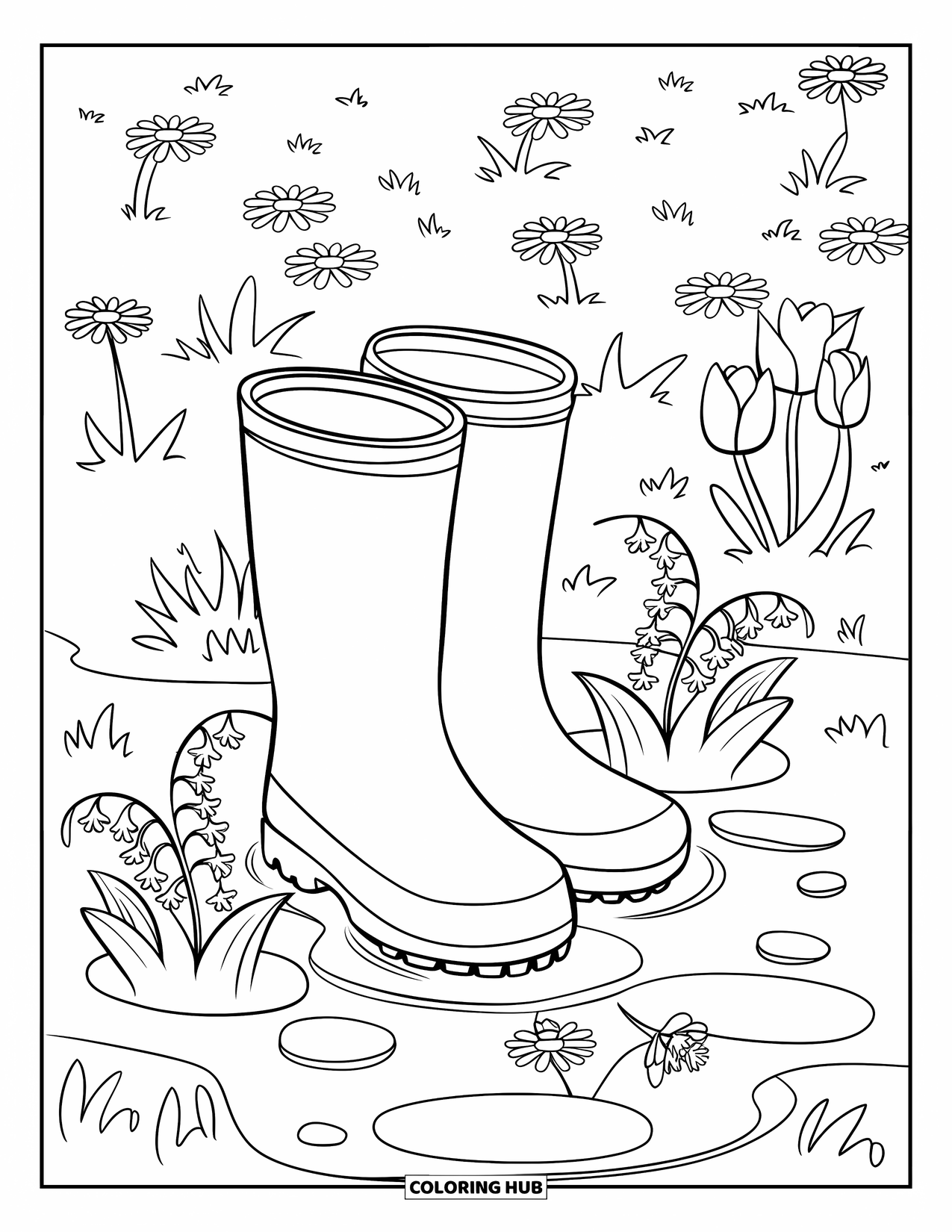 April Showers Coloring Page for Kids: Boots and puddles with spring flowers in a meadow