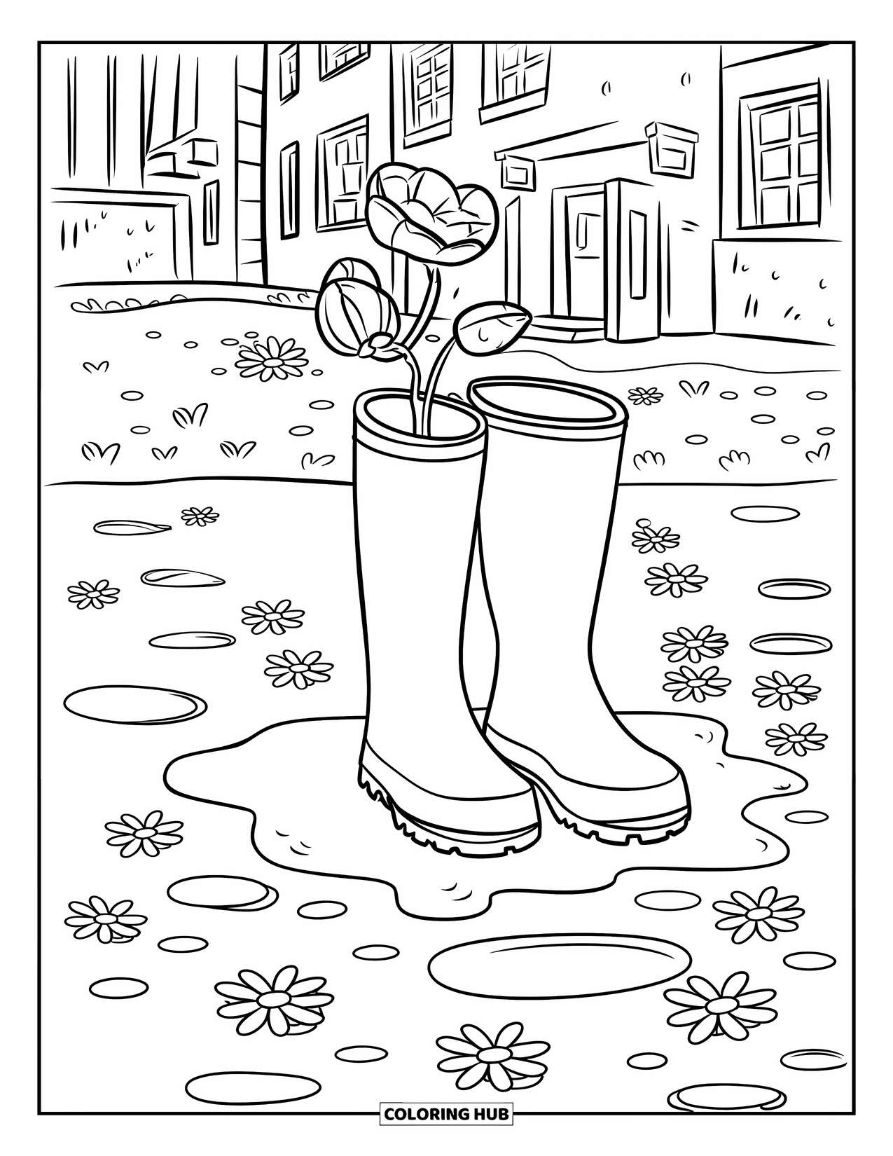 April Showers Coloring Page for Kids: Boots beside puddle with flowers floating inside