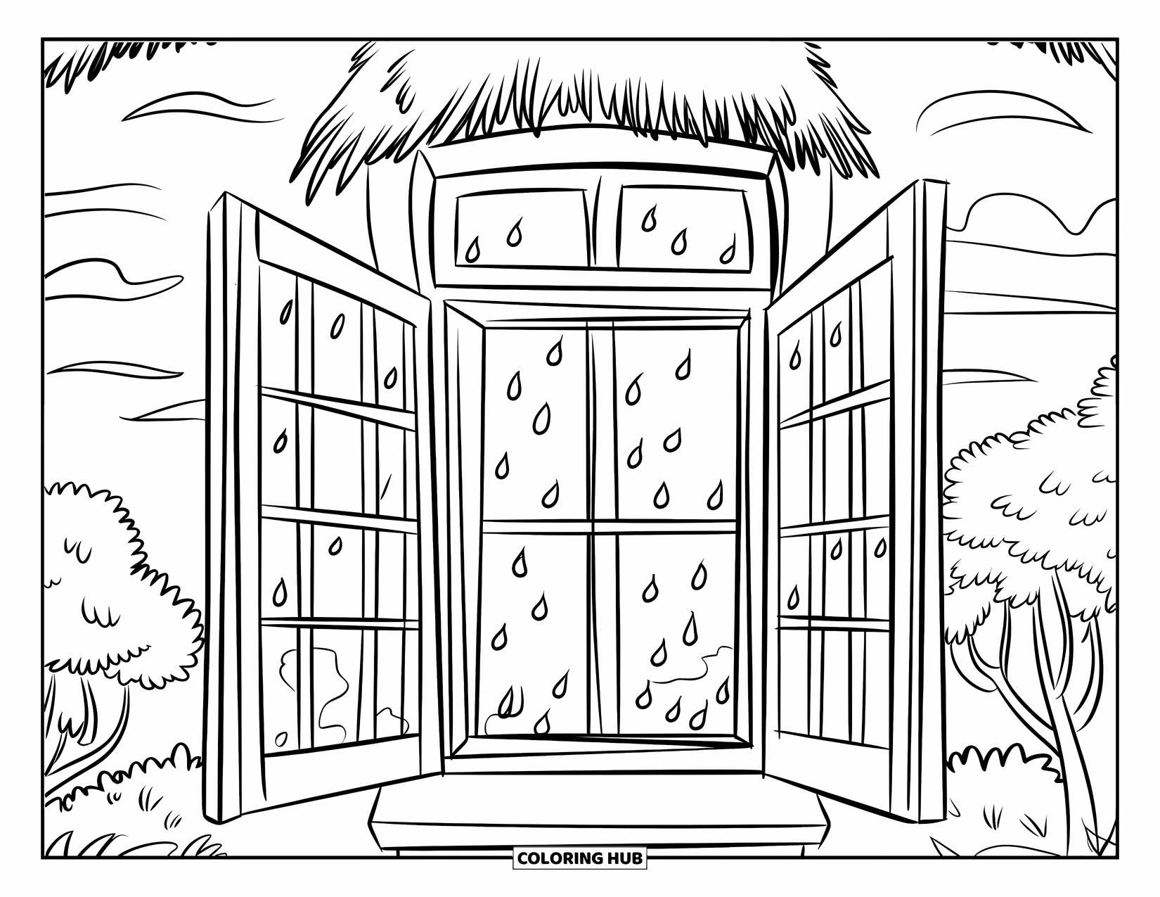 April Showers Coloring Page for Kids: Cottage window view with raindrops falling outside
