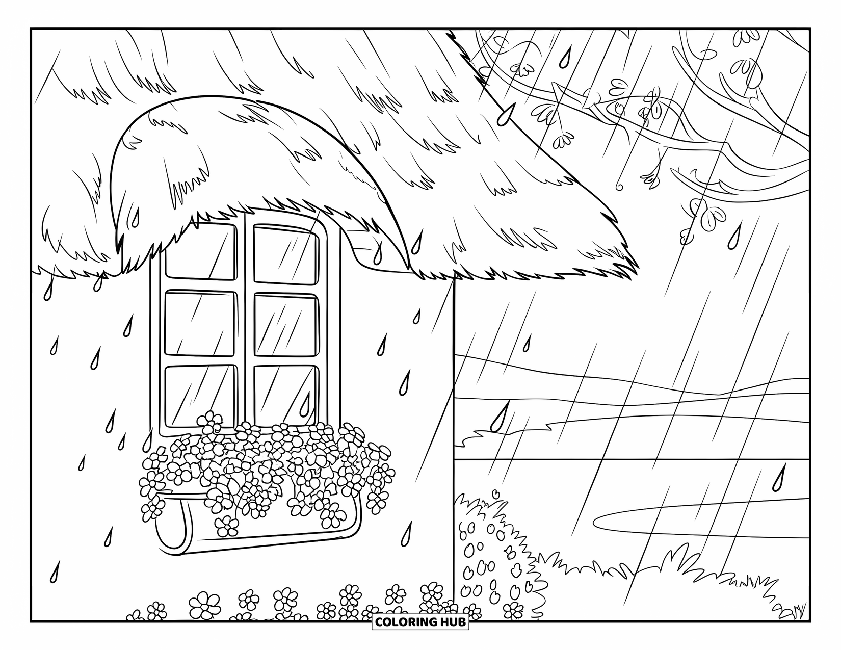April Showers Coloring Page for Kids: Cottage window with flower box and falling rain