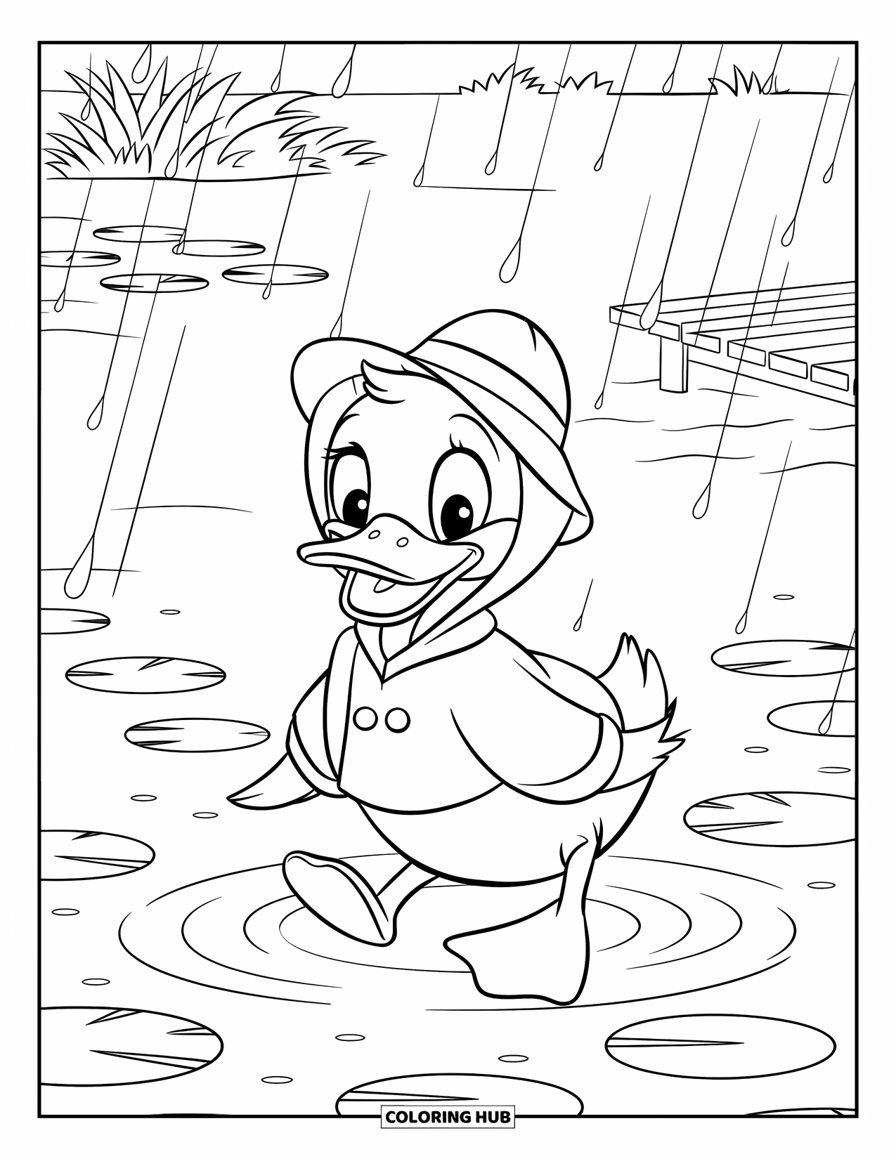 April Showers Coloring Page for Kids: Duck in raincoat waddling through April showers