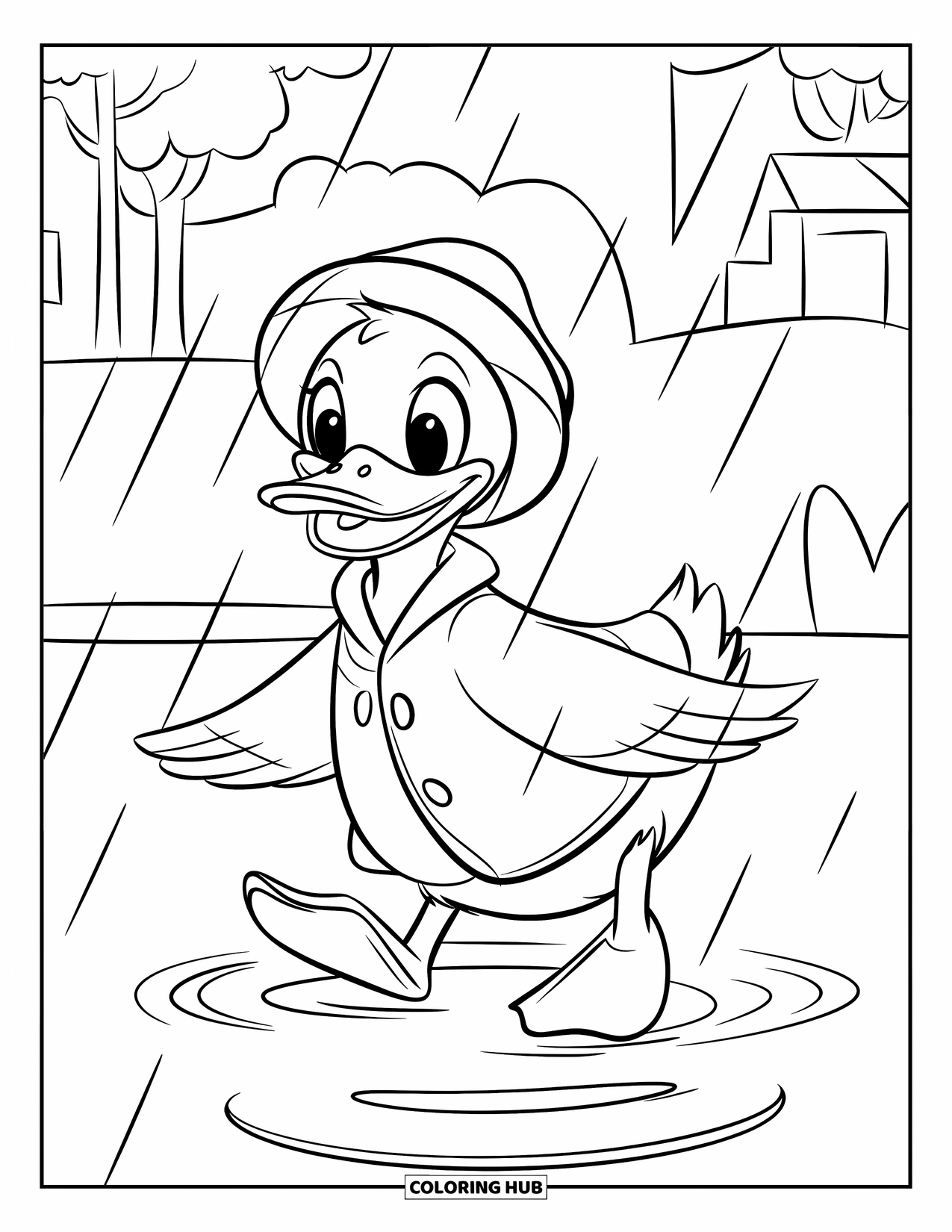 April Showers Coloring Page for Kids: Duck in raincoat walking through rippling water