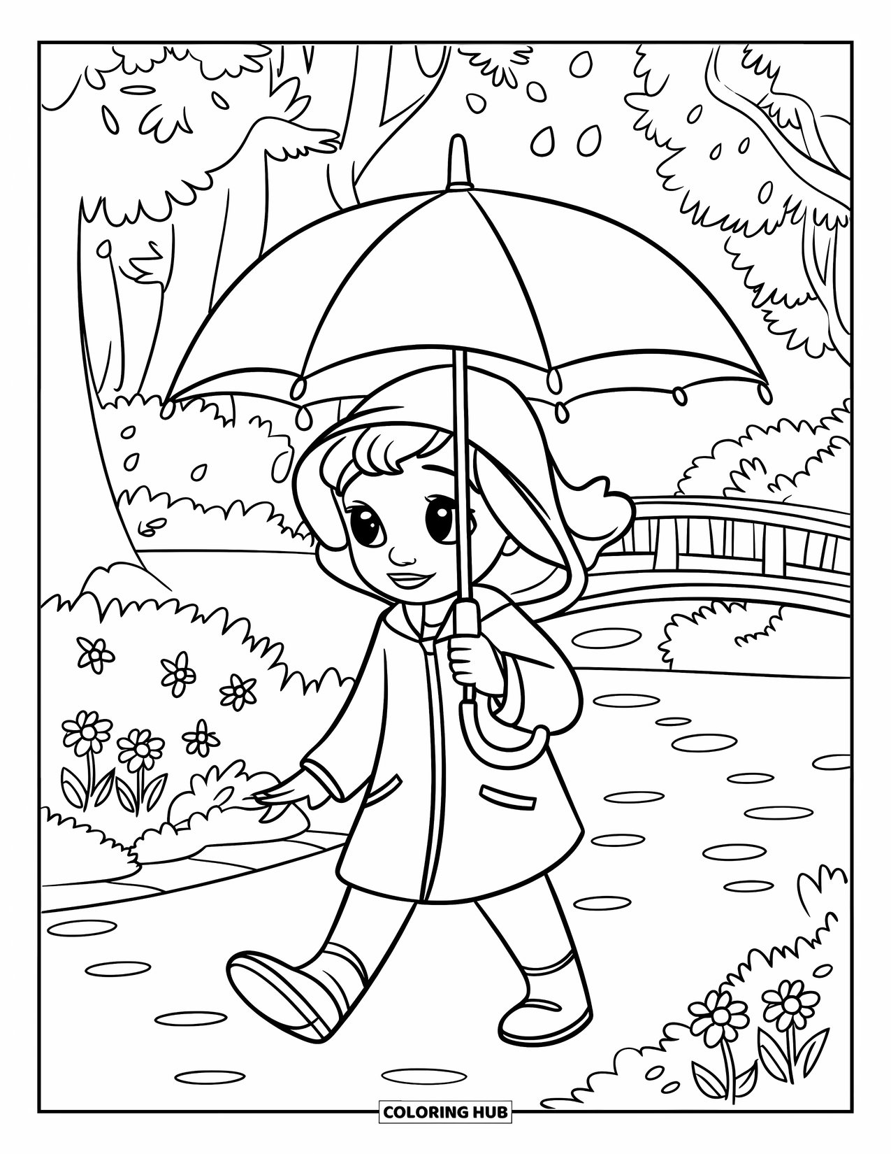 April Showers Coloring Page for Kids: Kid in yellow coat and umbrella during April showers