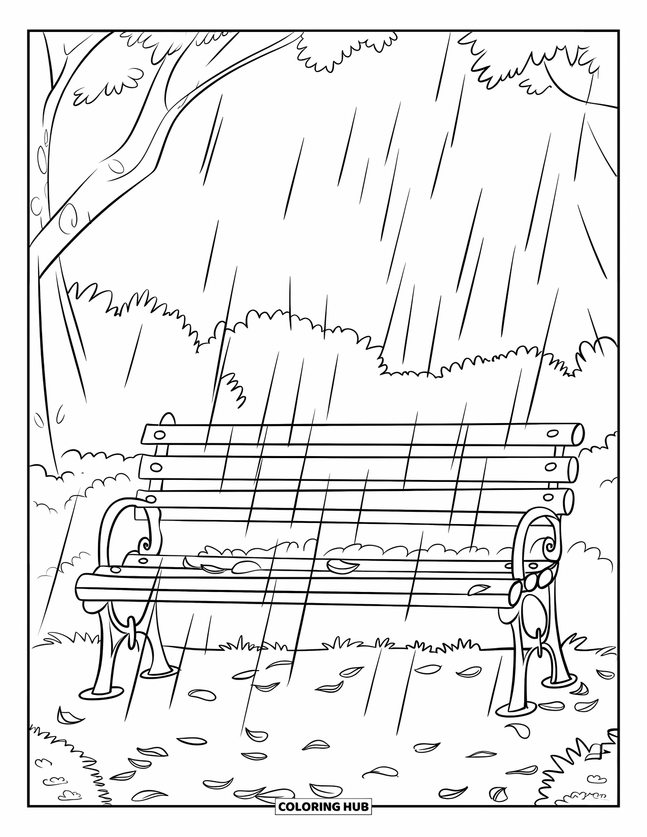 April Showers Coloring Page for Kids: Park bench with petals and gentle April showers
