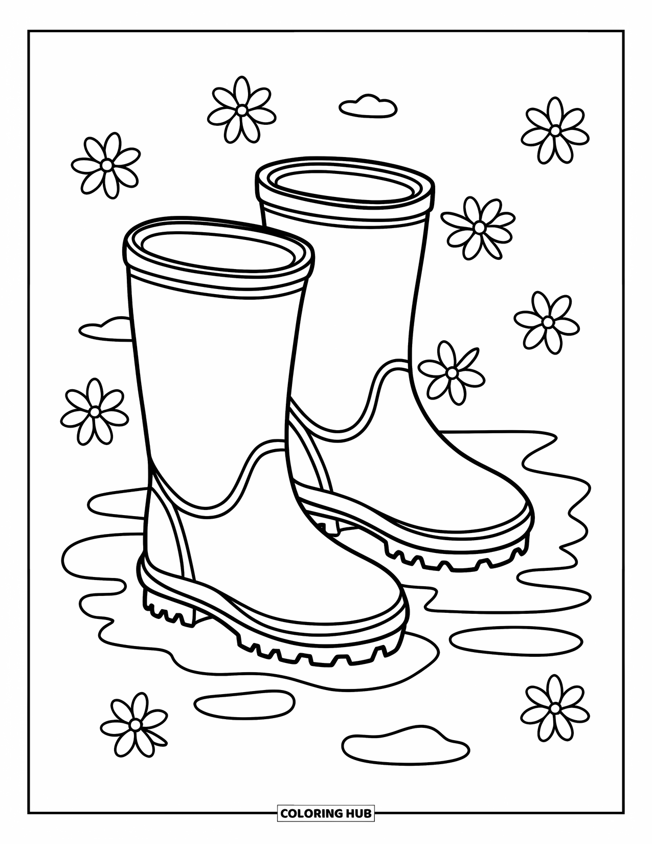 April Showers Coloring Page for Kids: Rain boots by puddles with scattered spring flowers