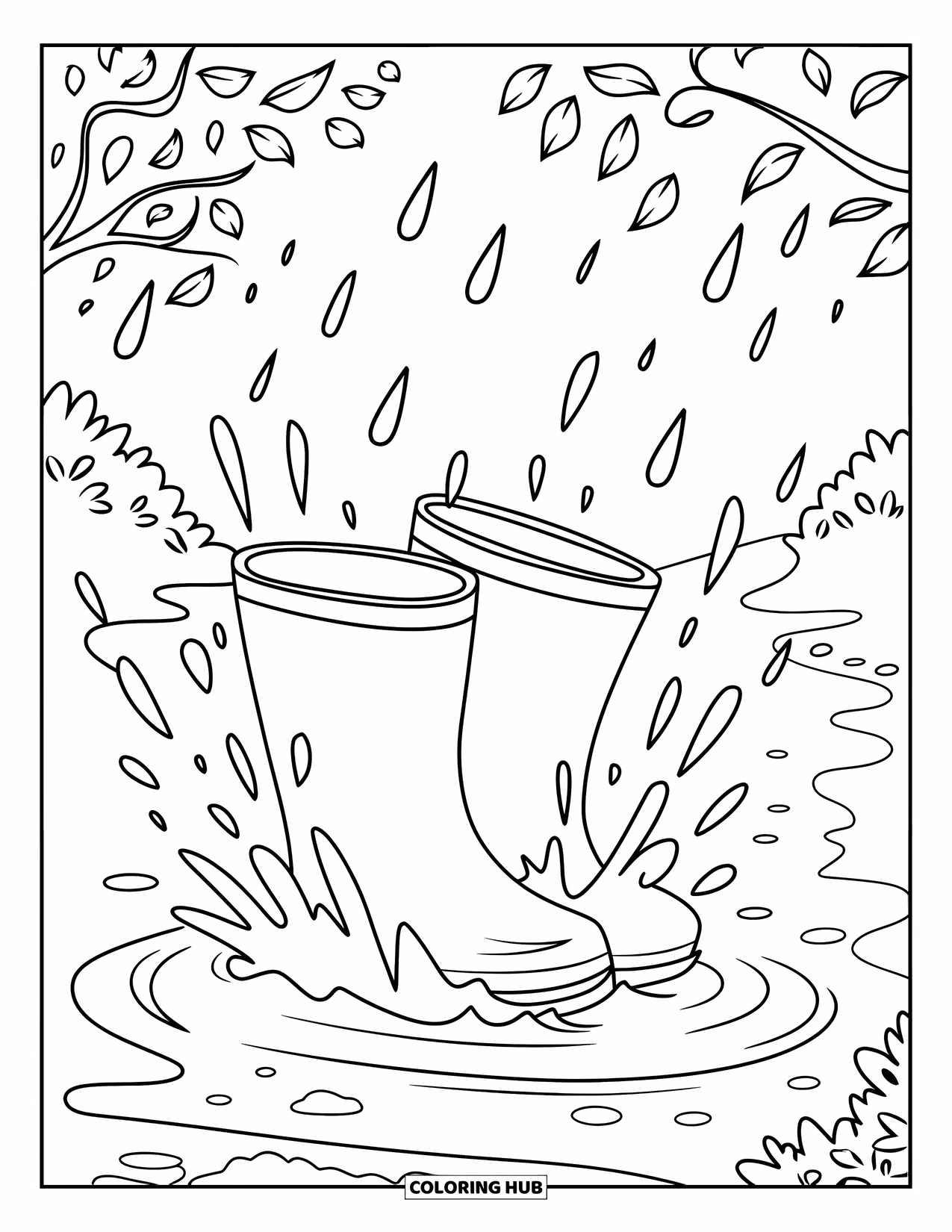 April Showers Coloring Page for Kids: Rain boots splashing in puddle along a path