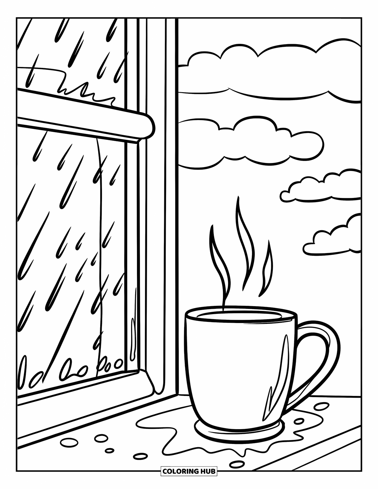 April Showers Coloring Page for Kids: Rain-streaked window with cozy mug beside it