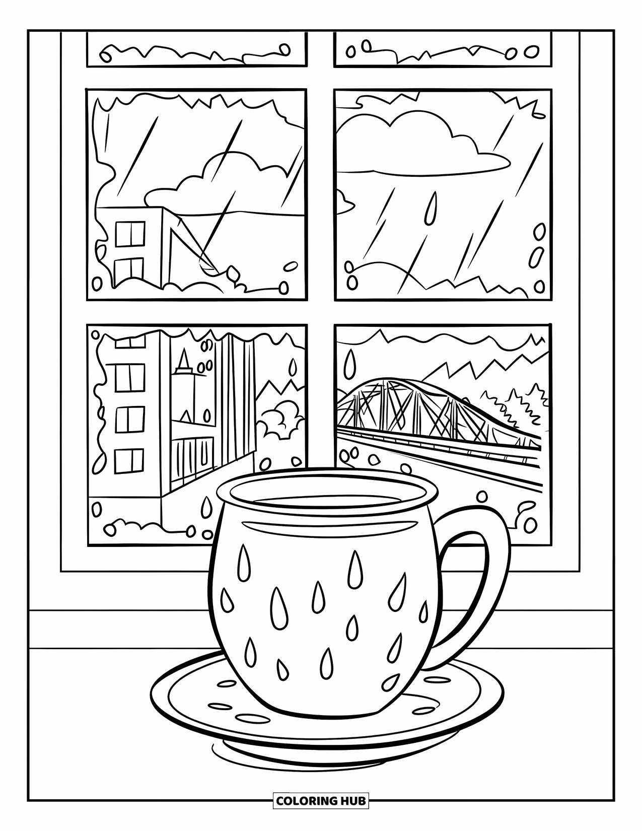 April Showers Coloring Page for Kids: Raindrop-streaked window with mug and city view