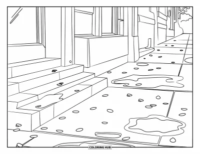 Omalovánka dubnového deště pro děti: Chodník s okvětními lístky, kaluži a okolními budovami