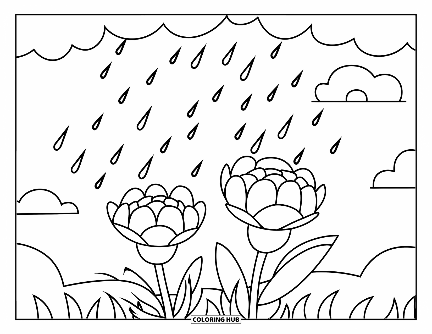 April Showers Coloring Page for Kids: Simple flowers blooming under fluffy clouds and rain