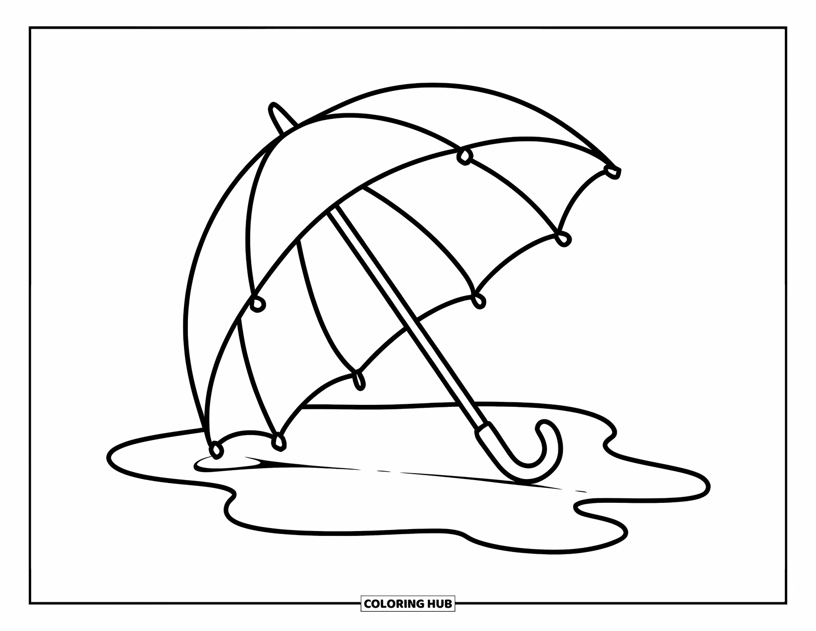 April Showers Coloring Page for Kids: Small umbrella beside puddle in April showers
