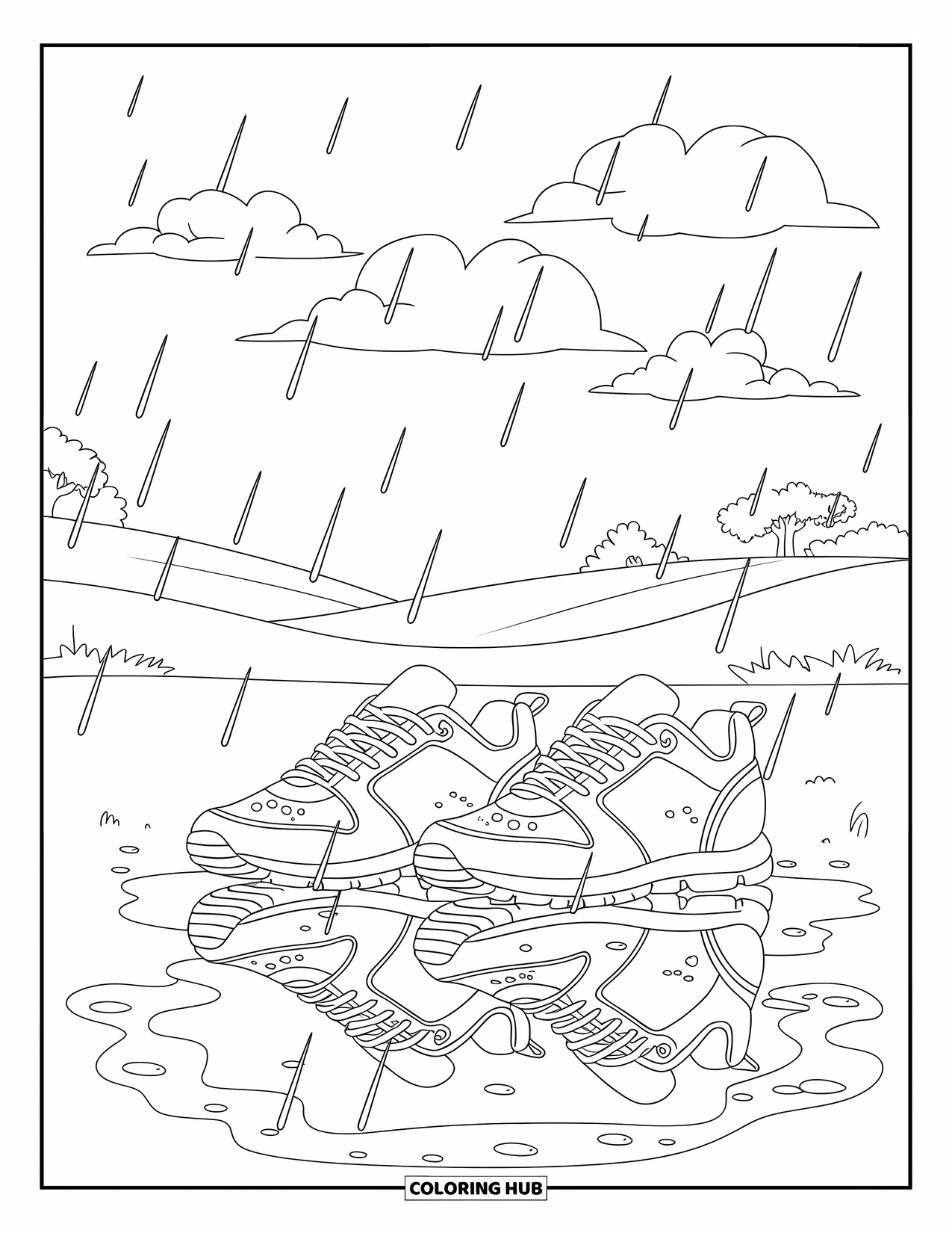 April Showers Coloring Page for Kids: Sneakers and puddle reflecting clouds and raindrops