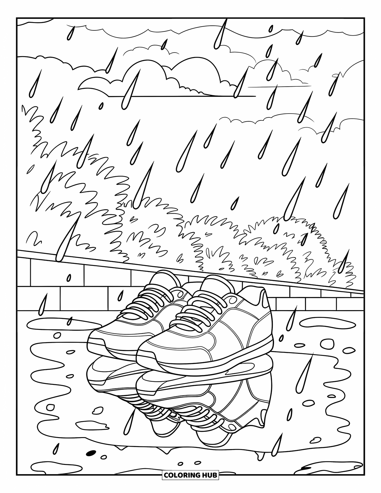 April Showers Coloring Page for Kids: Sneakers beside a puddle reflecting the rainy sky